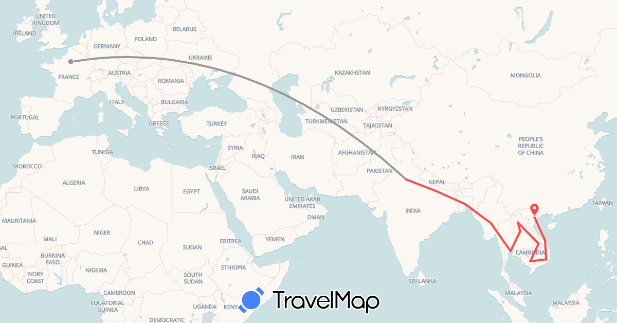 TravelMap itinerary: plane, hiking in Bangladesh, France, Cambodia, Laos, Myanmar (Burma), Thailand, Vietnam (Asia, Europe)